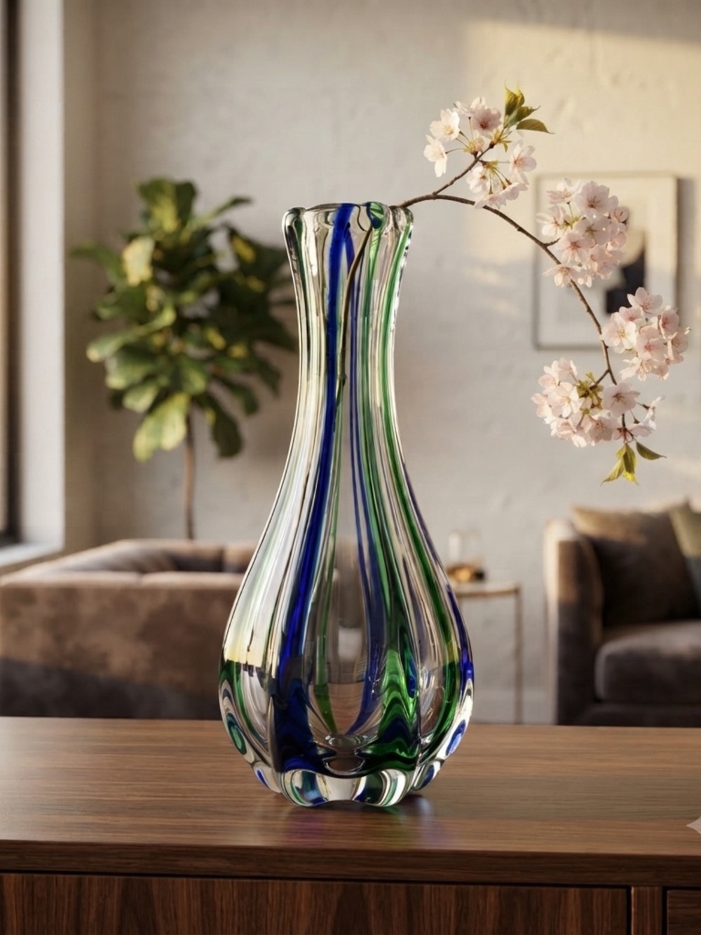Vtg 6.25" Art Deco Clear Glass Blue Green Striped Swung Vases Murano Style
